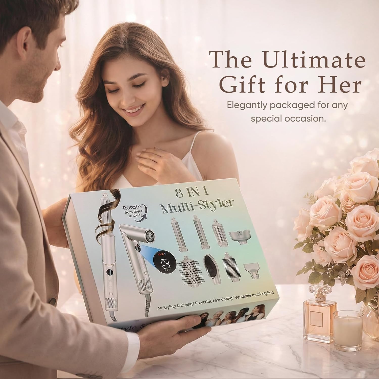 8 in 1 Hair Dryer Brush Multi Hot Air Styler with Auto Wrap Curler, 1.25 Inch Curling Iron, Fast Drying Foldable 110,000 RPM Blow Dryer Brush for Women Volumizing, Curling, Straighten, Frizz-Free