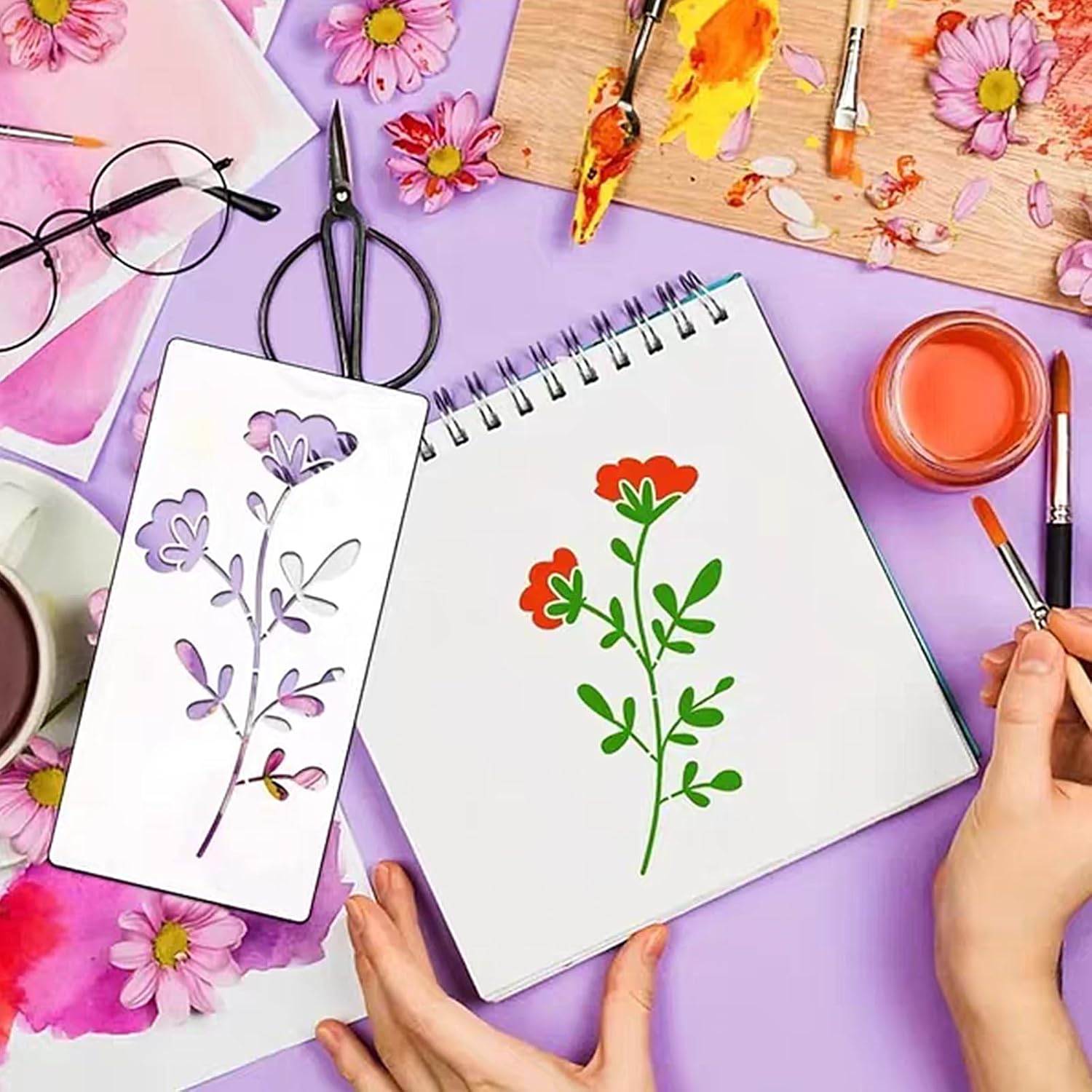 18PCS Plant Stencils,Reusable Flower Stencils Painting Crafts Templates Floral Leaves Drawing Stencil for Wood DIY Craft Template for Painting on Furniture, Canvas, Wall, Home Decor