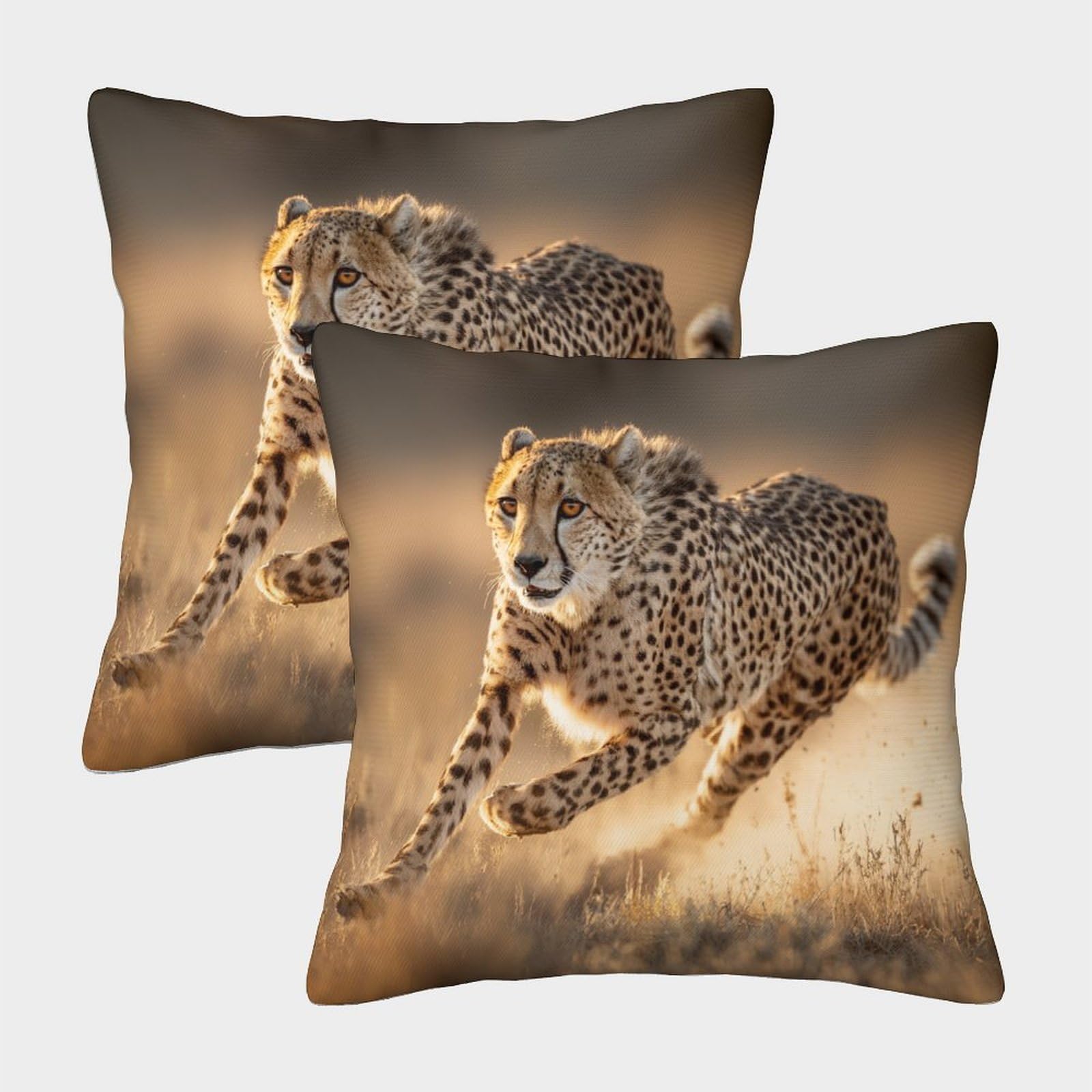kaiyun 2 Pack A Cheetah Runs at Full Speed Across The African Savanna 3D Image Printed Single-sided Cushion Cover 40x40cm