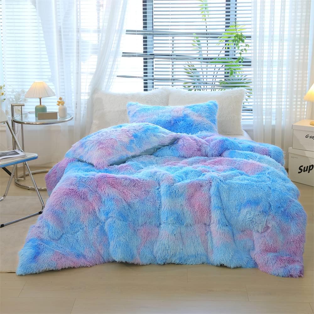 chovy Faux Fur Plush Tie-Dyed Blue Comforter Sets King - Ultra Soft Shaggy Flannel Velvet Fluffy Fuzzy 3PC Bedding Set (Comforter x 1 Pillowcases x 2)