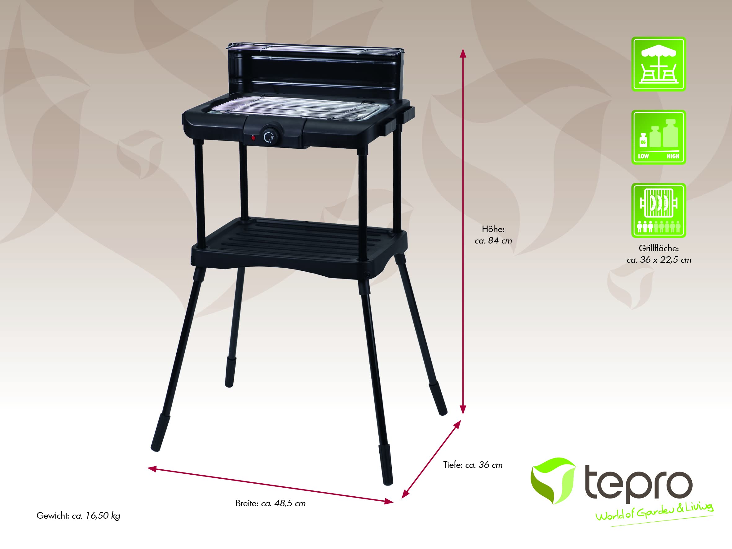 tepro Elektrogrill Albertville – Standgrill mit 1800–2000 W, abnehmbarem Heizelement, verchromtem Grillrost & Warmhalterost, Thermostat mit Kontrollleuchte – Outdoor Elektrogrill 58 x 46 x 93 cm