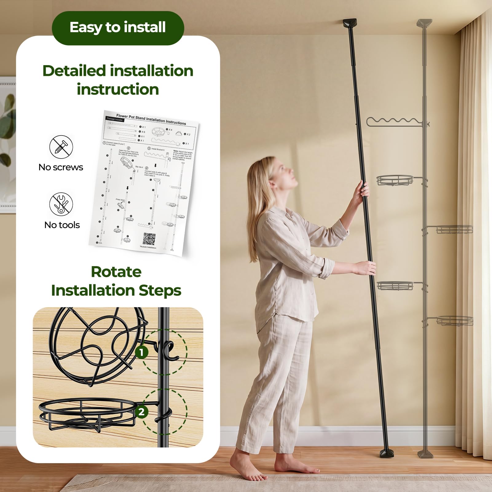 WELDUN Étagère à fleurs télescopique avec 4 supports de fleurs et 1 tuteur - Support pour plantes d'intérieur peu encombrant - Étagère d'angle en métal - Étagère suspendue réglable - 122-290 cm (H
