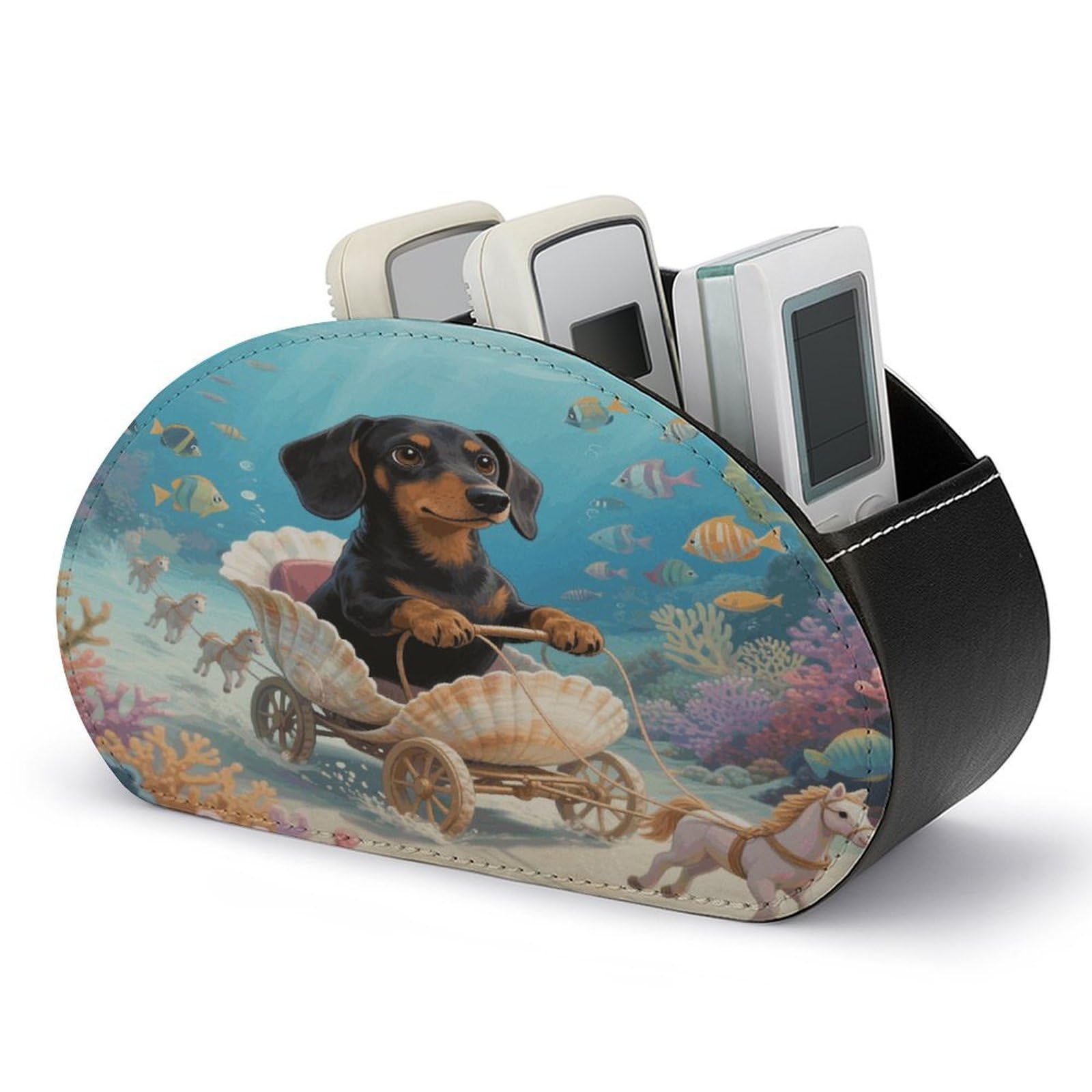 VstaDank Dachshund Remote Control Holder PU Leather Multifunctional Office Makeup Organizer Brush Holder Desktop Storage with 5 Compartments Box