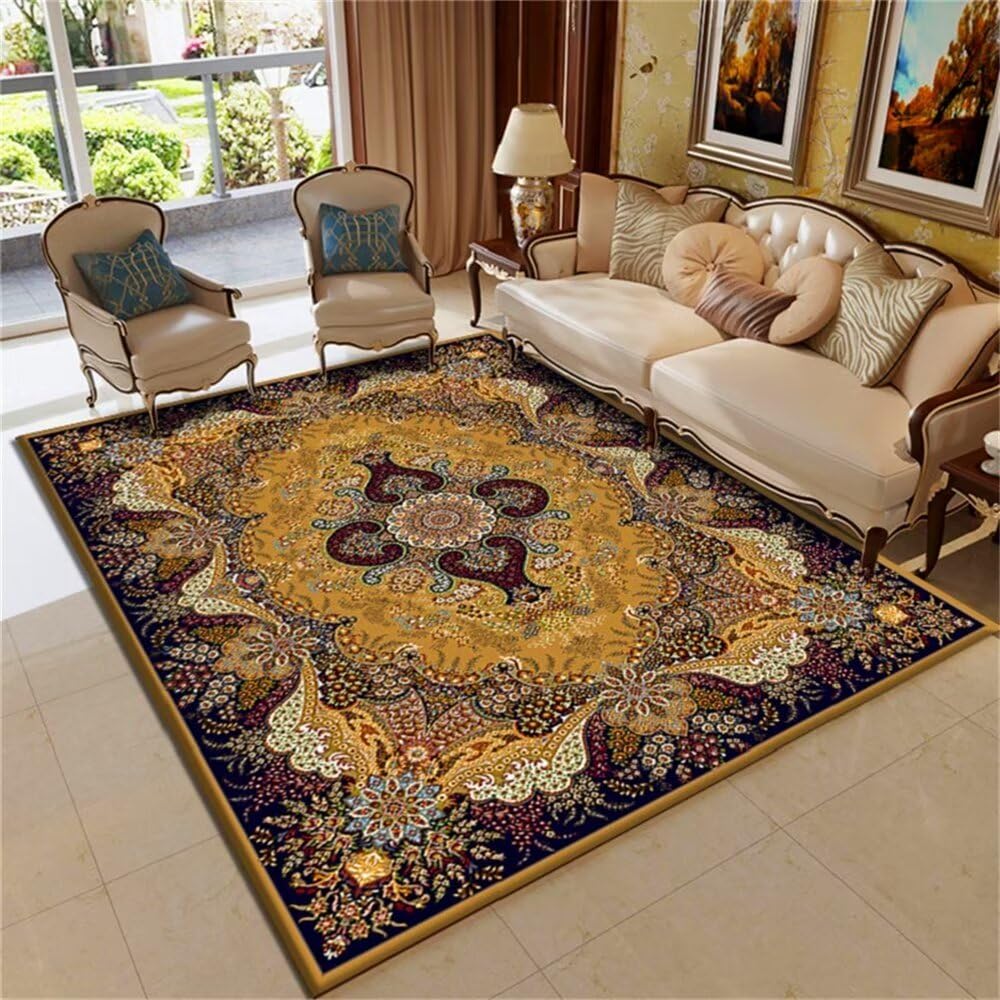 Grand tapis de salon jaune facile a entretenir pour eviter les taches au sol