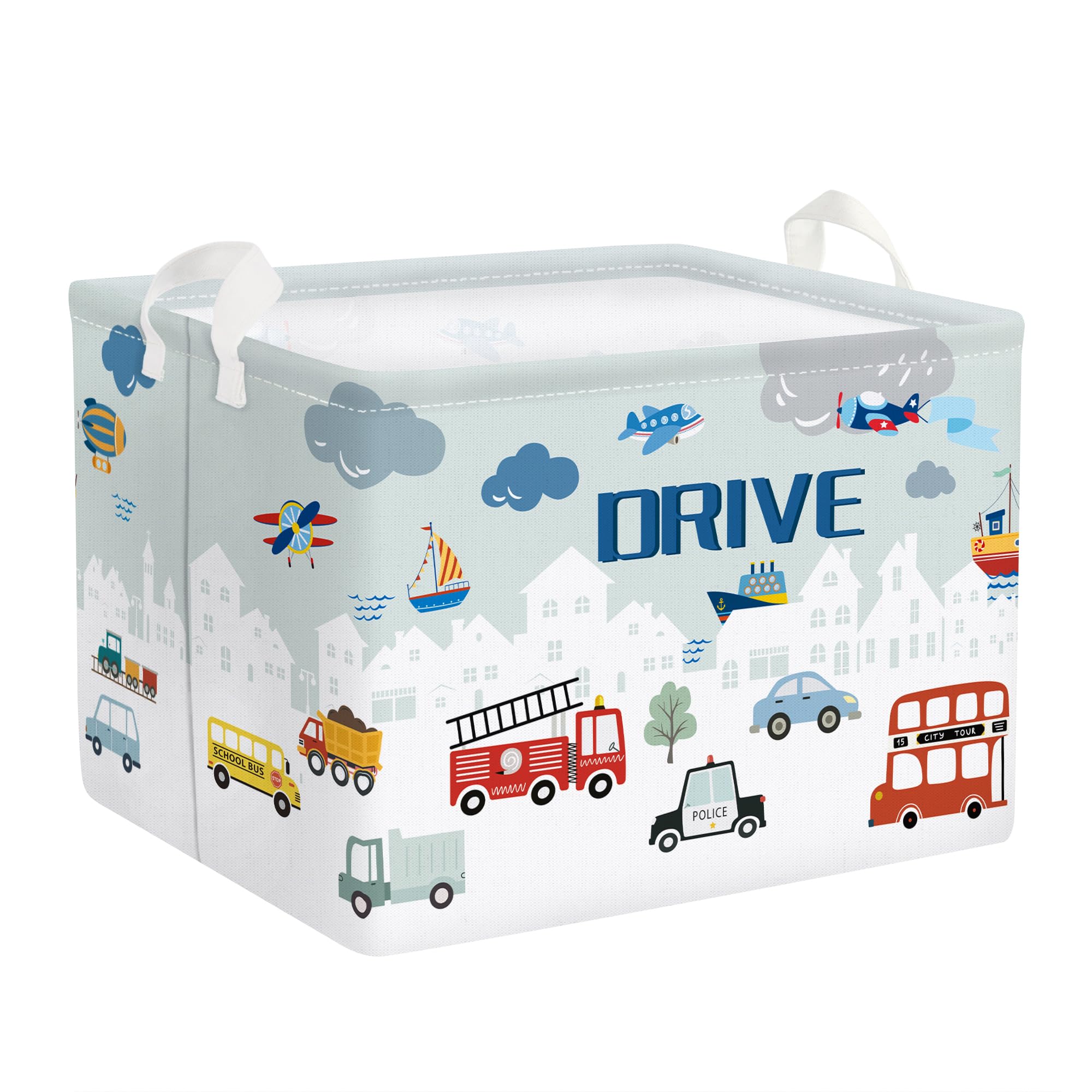 Clastyle 36L Blue City Car Building Storage Basket Dirty Clothes Laundry Hamper for Bedroom Bathroom Collapsible Kids Room Nursery Book Toy Storage Box