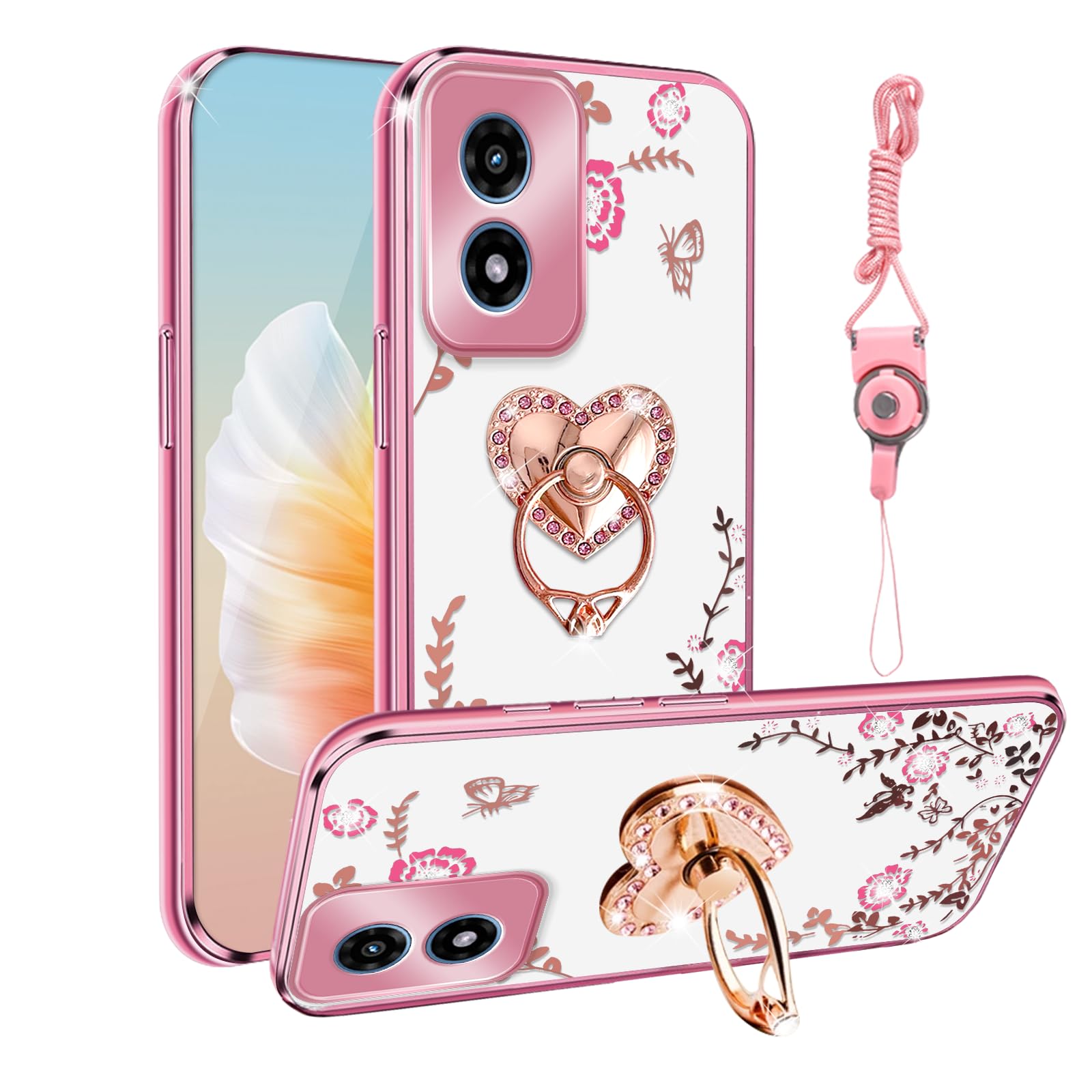 for Moto Play 4g 2024 Case TPU Luxury Crystal Butterfly Heart Floral for Women Magnetic Shockproof with Kickstand [Glitter Card & Strap] Protection