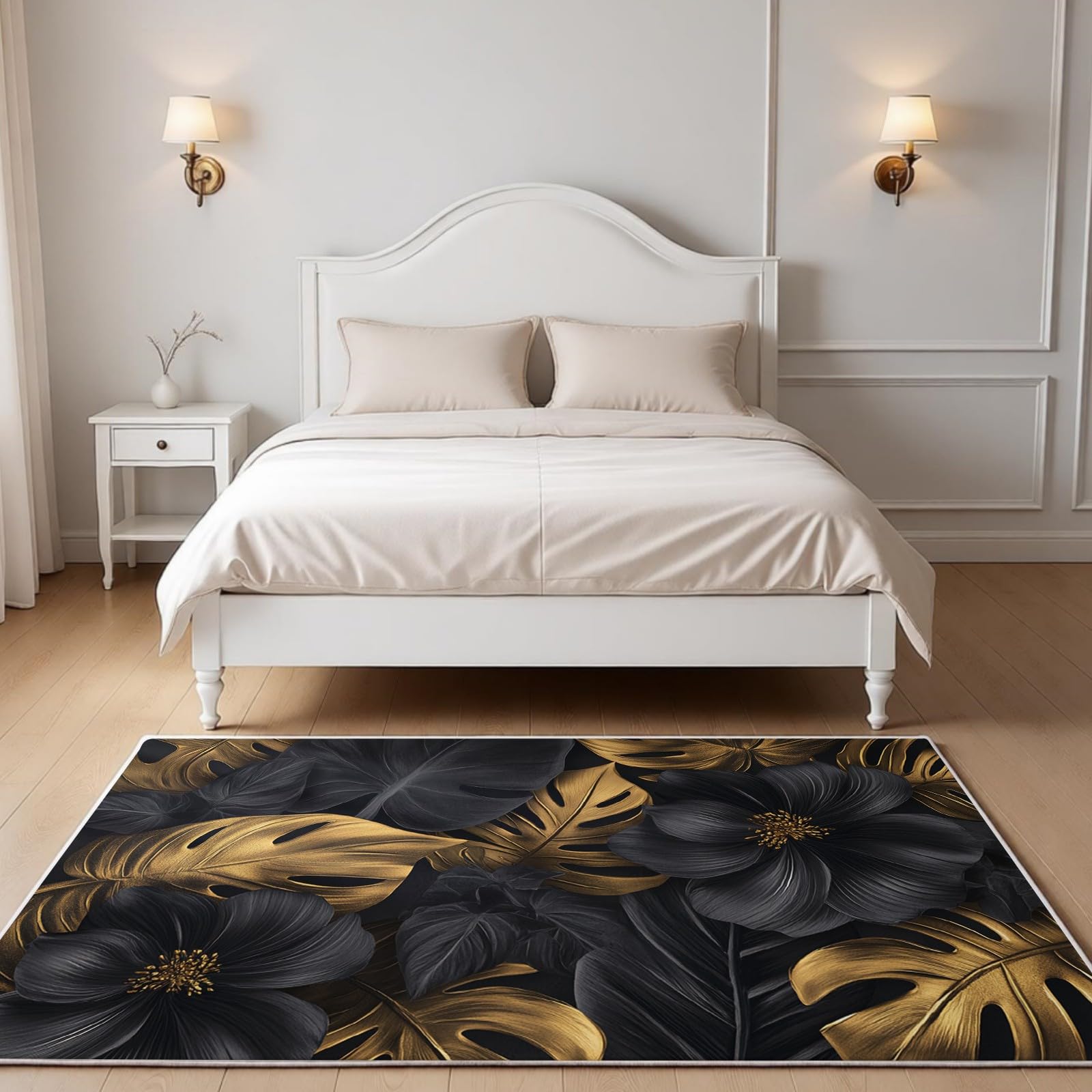 Großer Teppich 80 x 120 cm Abstraktes Monstera-Blatt Wohnzimmer Teppich Flanell Weich Flauschig Anti-Rutsch Gold Kinderzimmer Schlafzimmer Küche