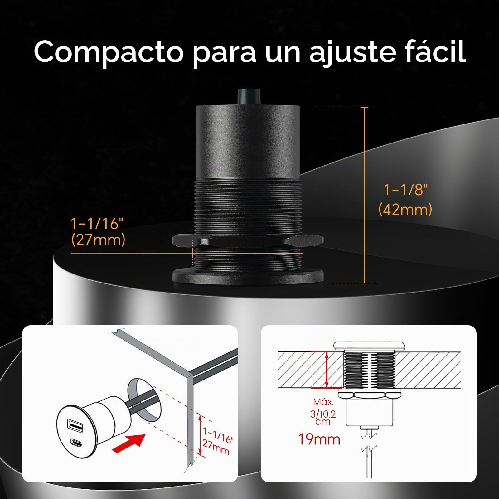 Aluminio Toma USB 12V Camper Cargador, Doble Puerto PD3.0 USB-C y QC3.0 USB-A Enchufe Carga Rápida, para Coche Autocaravana Barco Camión Caravana(2PCS)