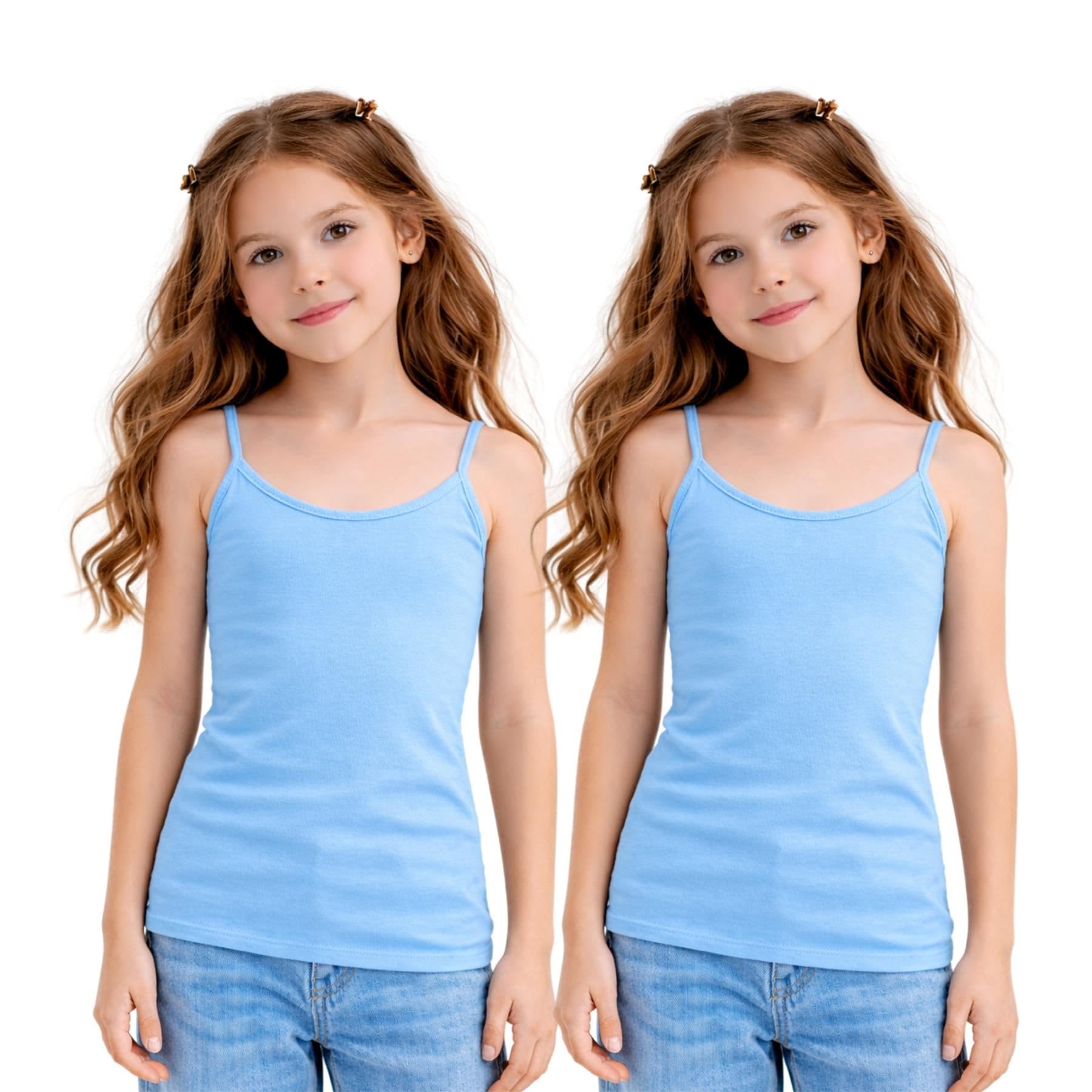 janisramone® Lot de 2 débardeurs d'été sans manches à bretelles spaghetti pour filles, débardeur d'entraînement léger pour enfants, caraco uni à bretelles pour filles