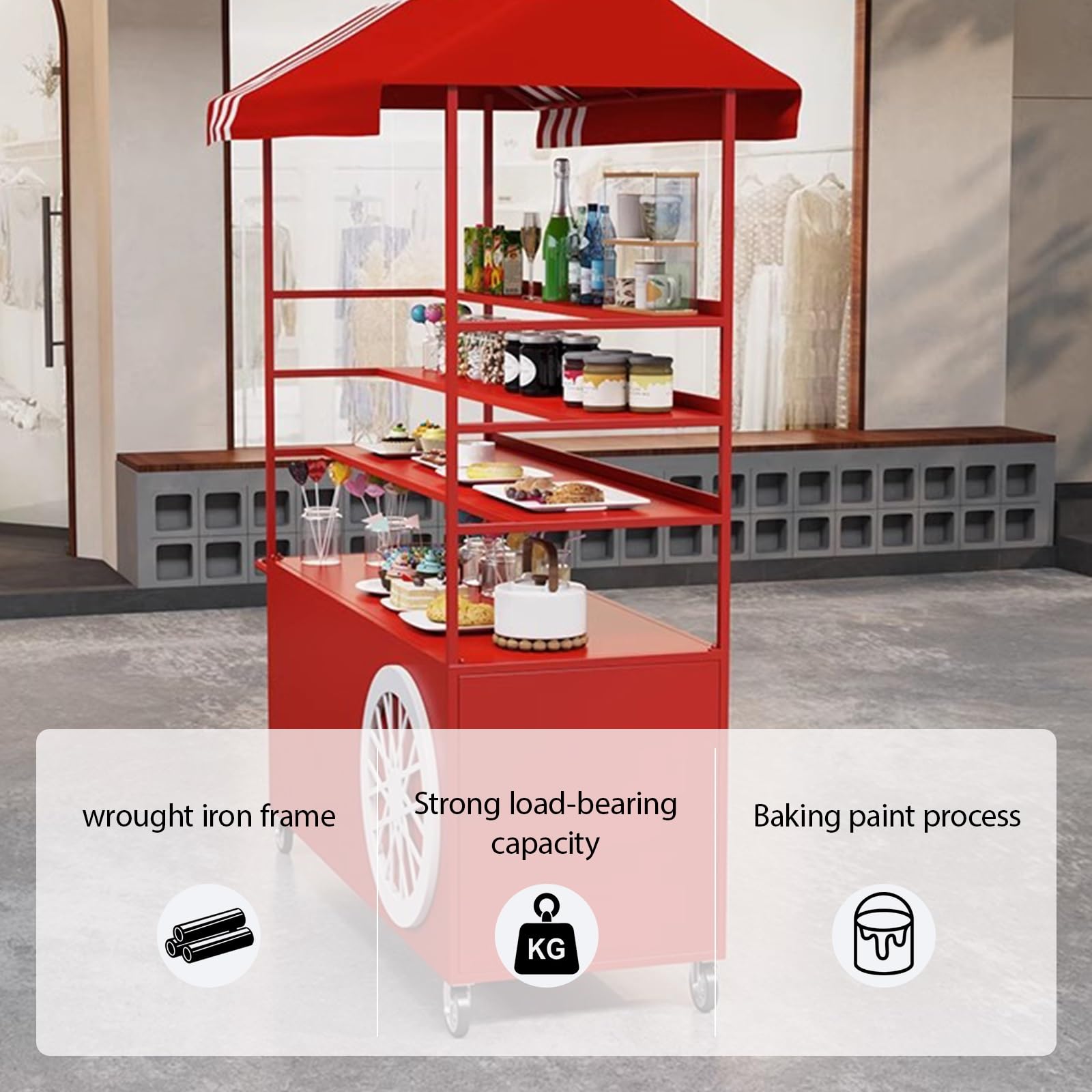 Genérico Puesto de Mercado con toldo,Móvil de Venta Ambulante de Comida,Amplia encimera, Ruedas en la Parte Inferior,Estructura de Hierro Forjado,para Tiendas minoristas.(Blauw,120 * 60 * 220cm)