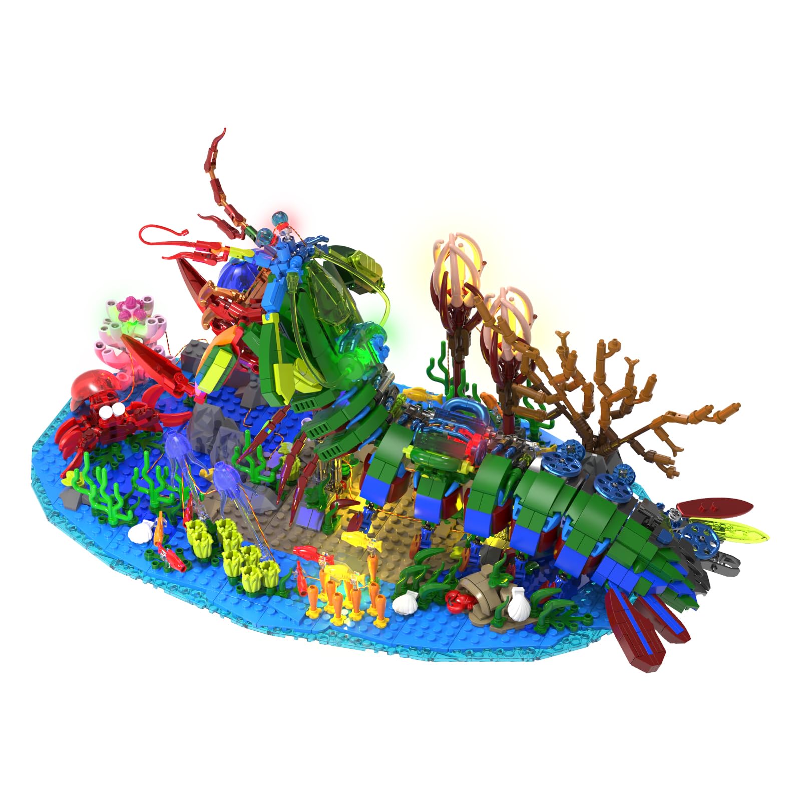 Mechanische Gottesanbeterin Garnele Bausteine Set,Meerestiere Bauspielzeug mit Miniatur Unterwasserlandschaft und LED Beleuchtung,DIY Modellbausatz für Erwachsene und Jugendliche（1843 Stück）