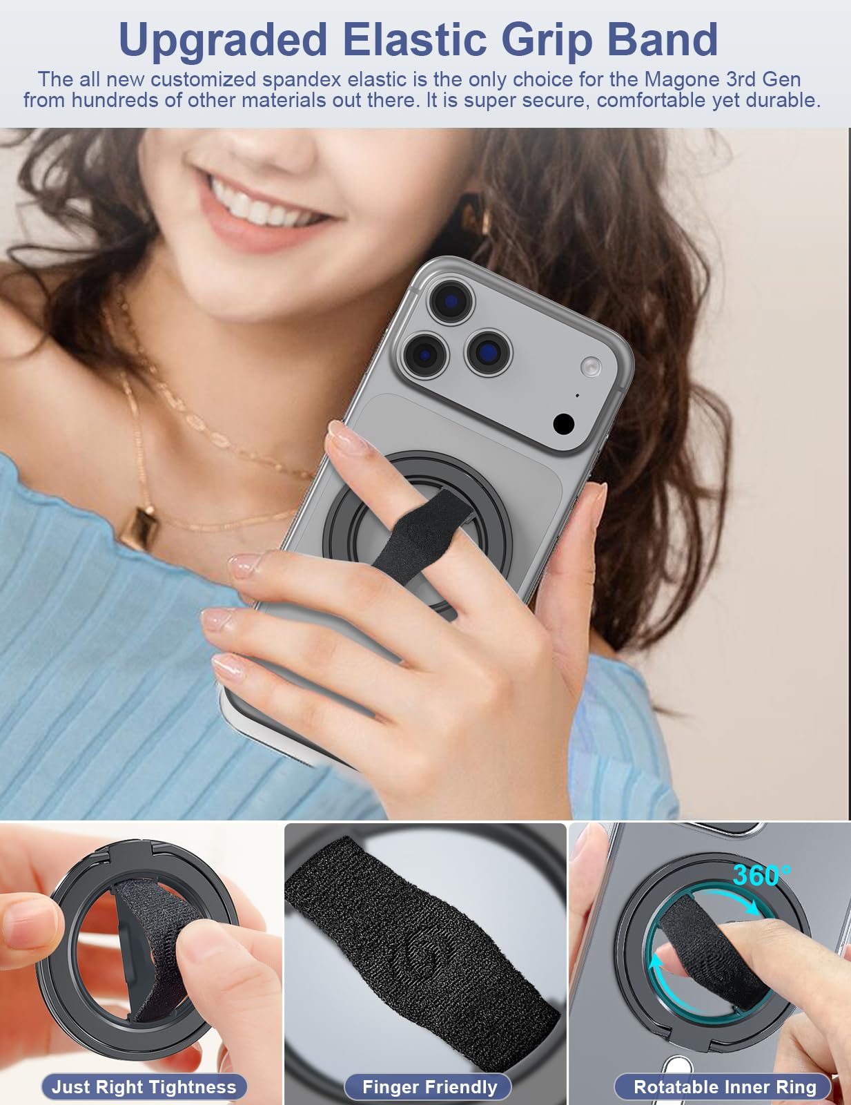 EWA MagOne 3rd Gen [Compatible avec MagSafe] Support de téléphone avec Boucle élastique pour Les Doigts, Anneau magnétique Amovible, Uniquement pour iPhone 17, 16, 15, 14, 13, 12 Series (Noir)