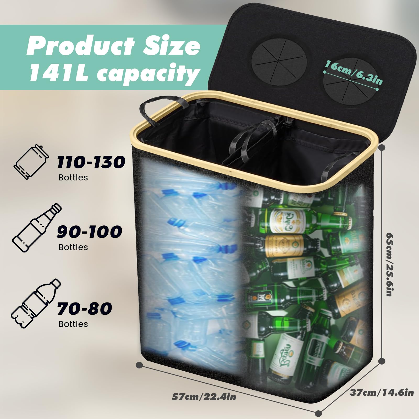 141L Collecteur de Bouteilles avec Couvercle, Poubelle Recyclage Perforé avec 2 Compartiments et 2 Sacs de Transport, Pliable, pour Trier Bouteilles Vides, Verre, Noir