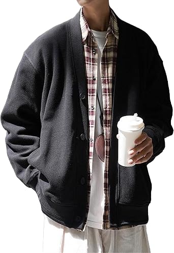 Mens Trendy Baggy Open Sweater Casual Long Sleeve Button Down Cardigan V Neck Solid Windbreaker Pockets