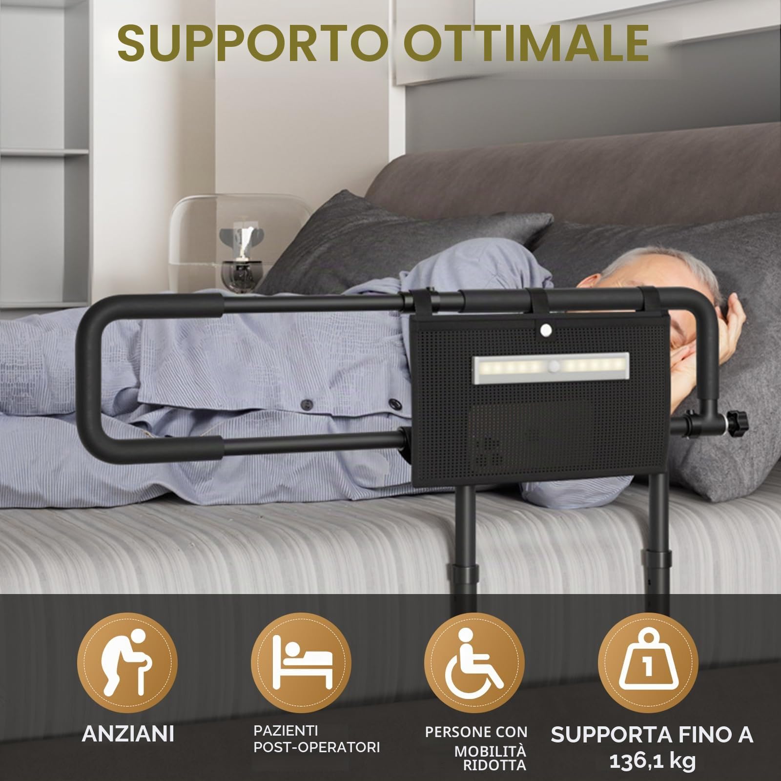 Sponda Letto Anziani, Regolabile in Sbarra letto Anziani Con funzione pieghevole e borsa portaoggetti Adatto a Varie, Sponde Singolo Matrimoniale Supporto per alzarsi dal letto