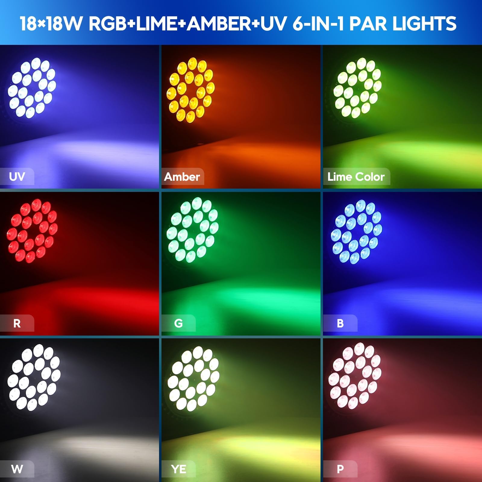 Betopper 6 en 1 Par Led 18x18W RGB Lime Amber UV Lumière de Scene DMX512 2P