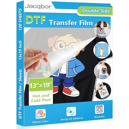 Jecqbor DTF Transfer Film 13x19 Inch, 120 Sheets A3+ Plus Double-Sided Matte Clear PET Paper, DTF Paper for Sublimation Hack, Direct Print on for All Fabric and Colors T-Shirts Textile