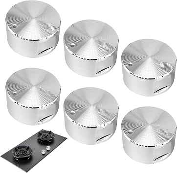 6Pcs Cooker KnobsL for Gas Hob Oven and Cooktop,6mm Stove Knob,Metal Replacement Dials with Non Slip Brushed Silver Finish for Kitchen Appliances,Cooker Knobs Replacement
