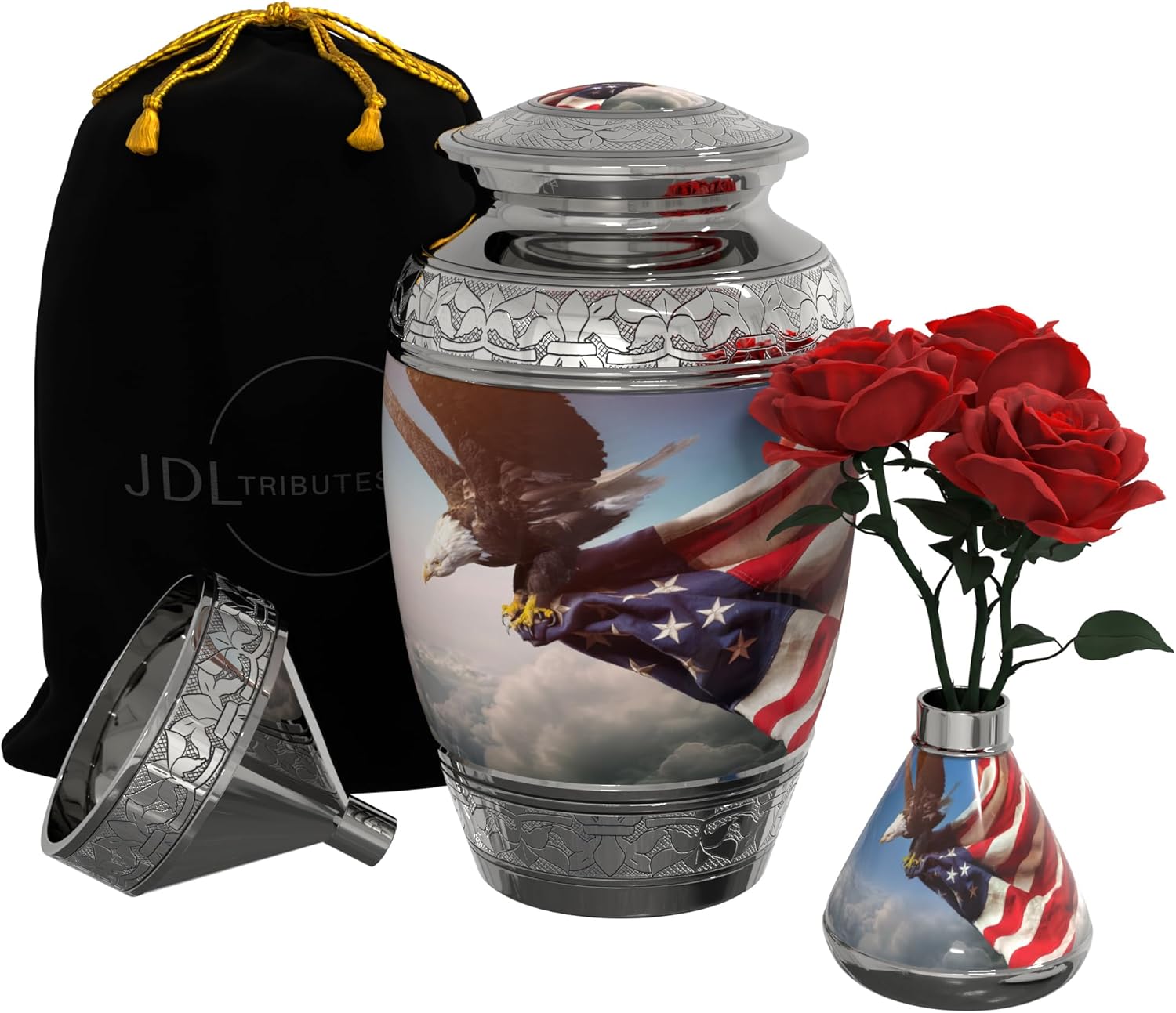 American Flag and Eagle Cremation Urn (4-Piece Set) for Human Ashes with Handcrafted Funnel and Vase
