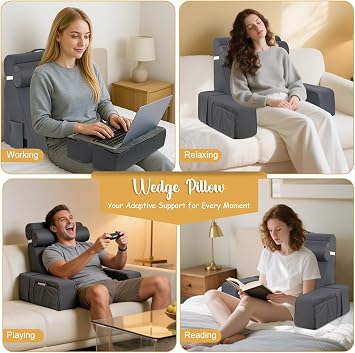 Large Reading Pillow for Adults, Comfy Memory Foam Back Support Pillow with Detachable Arms & Neck Roll, Reading Cushion for Sitting Up in Bed, Sofa, Floor or Office, Dark Grey