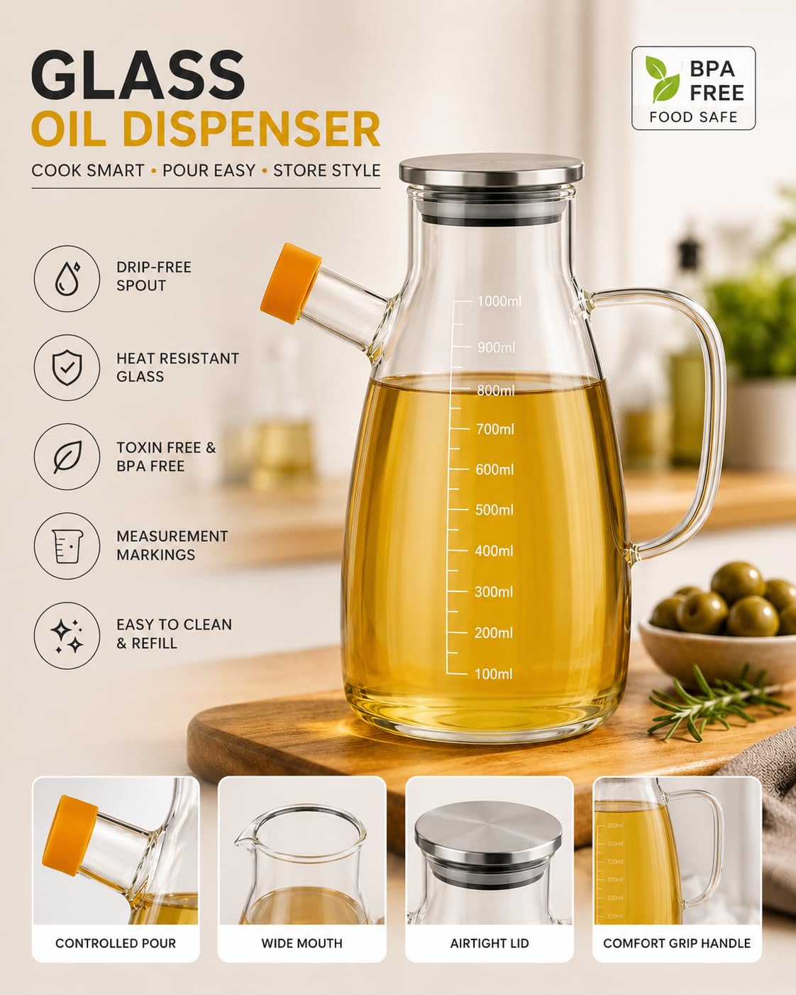 Femora 1000ml Glass Oil Dispenser with Leakproof Lid | High Borosilicate Glass Construction | Kitchen Jar with Capacity Markings | Leak-Resistant Jar for Oil, Soy Sauce, Vinegar & Seasonings 4