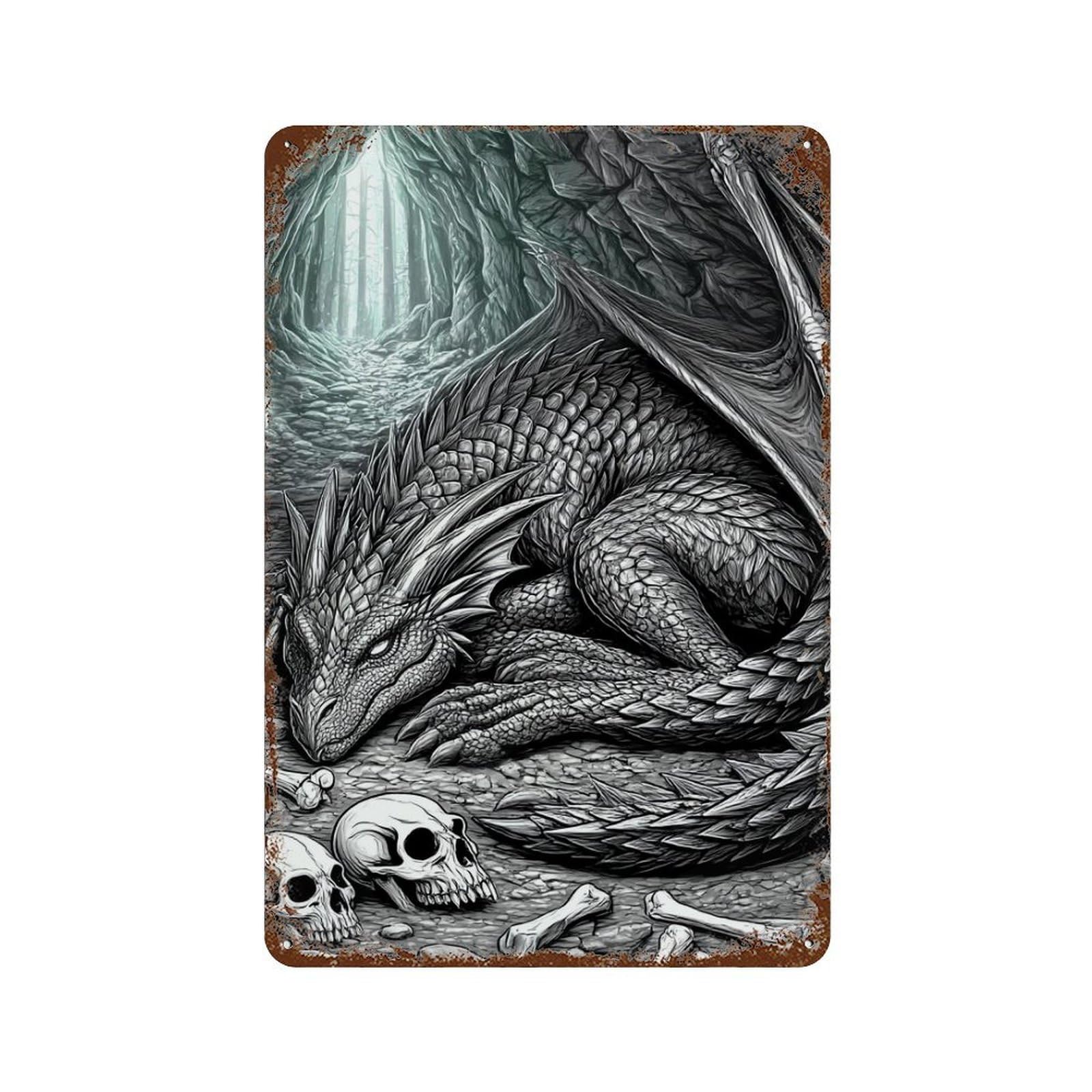 Dragon Cave Adventure 11.8"x7.9" Distressed Metal Wall Sign, Shabby Chic Decor for Shed, Workshop And Garage Wall Decor