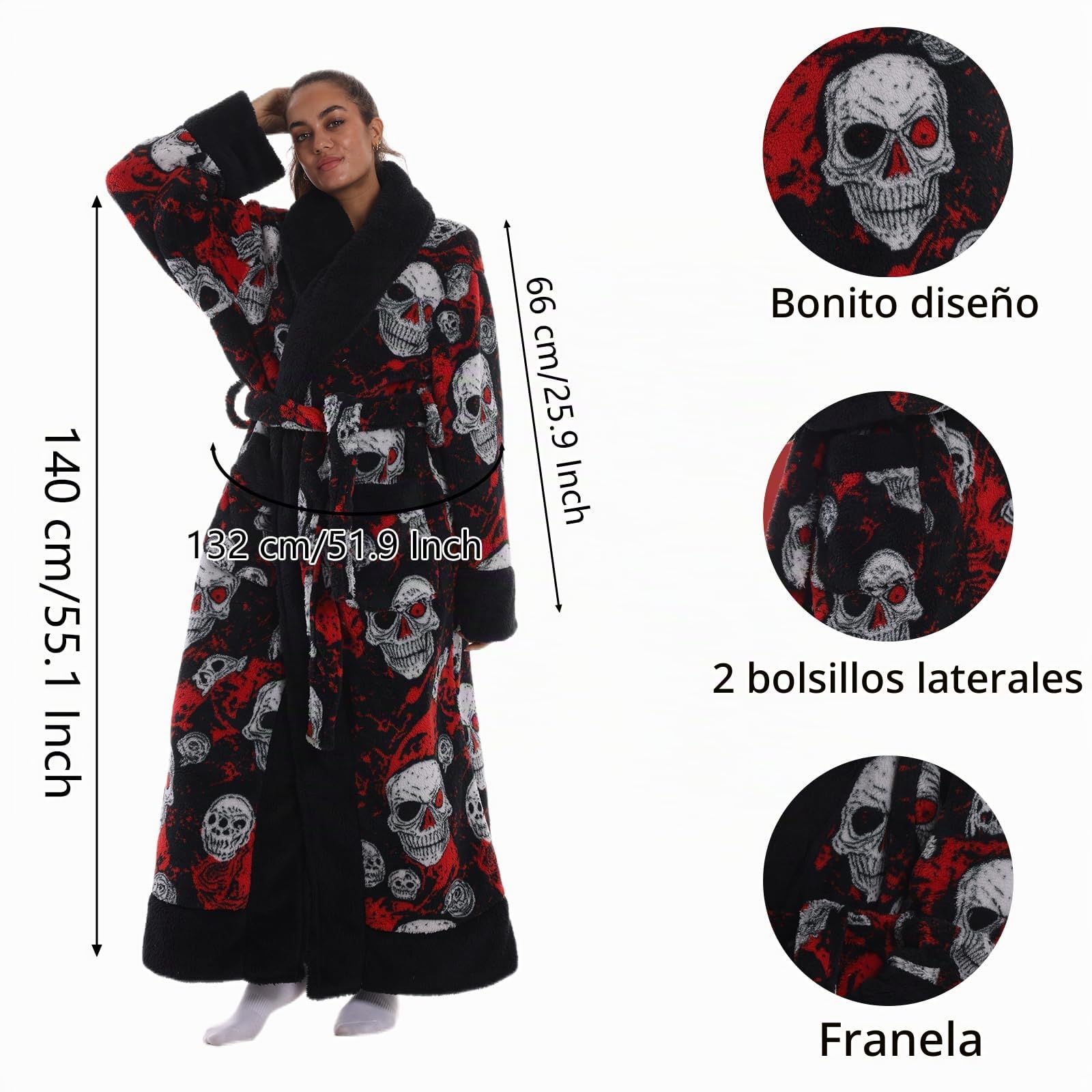 Albornoz Unisex Adultos - Albornoz de Felpa Largo 140 cm Extra Suave, Absorbente, Cinturón Ajustable, 2 Bolsillos, Talla Única para Hogar, Spa