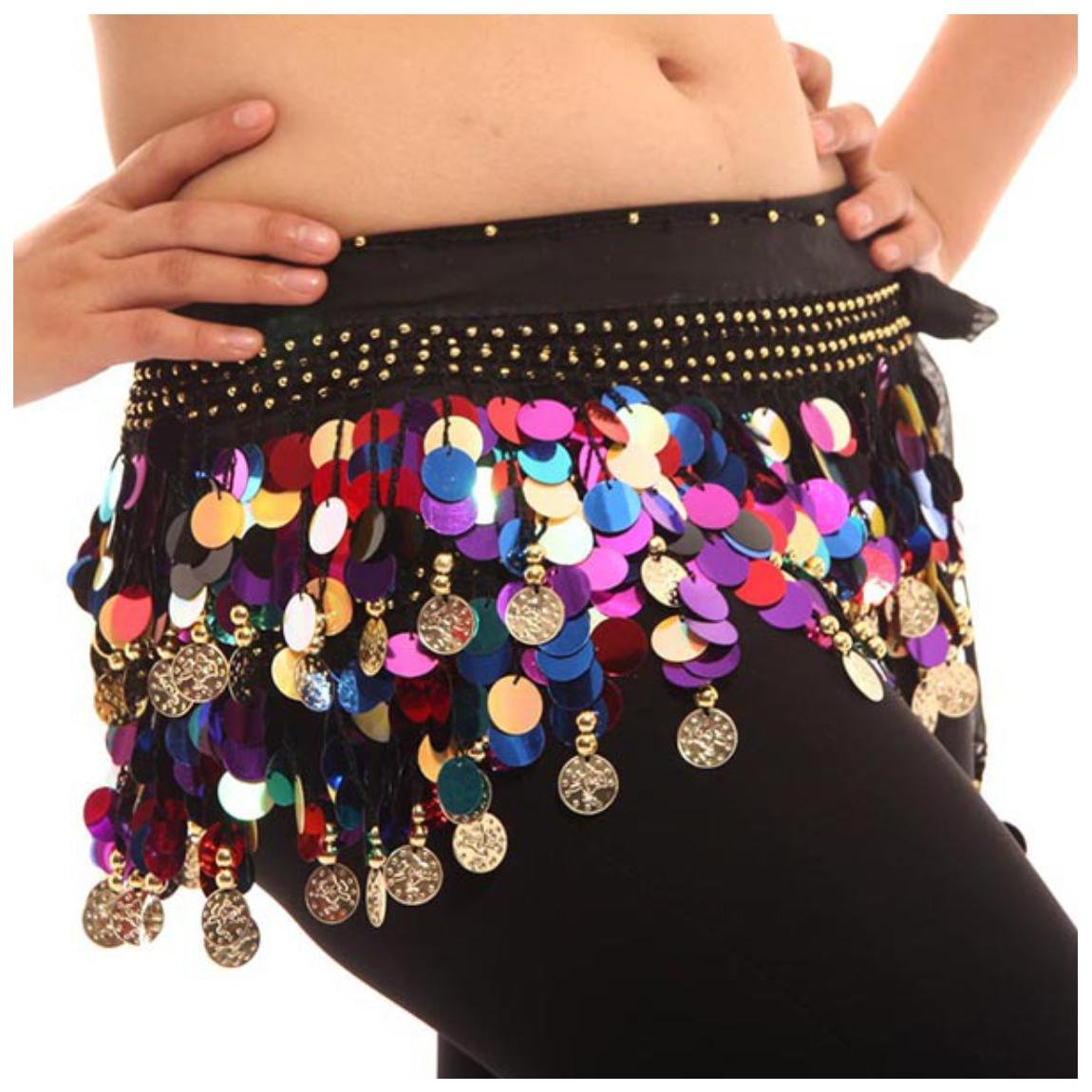 Vritraz Women's Chiffon Belly Dance Hip Scarf Waistband Belt Skirt Mixed Colors Beads and Golded Coins-image-4