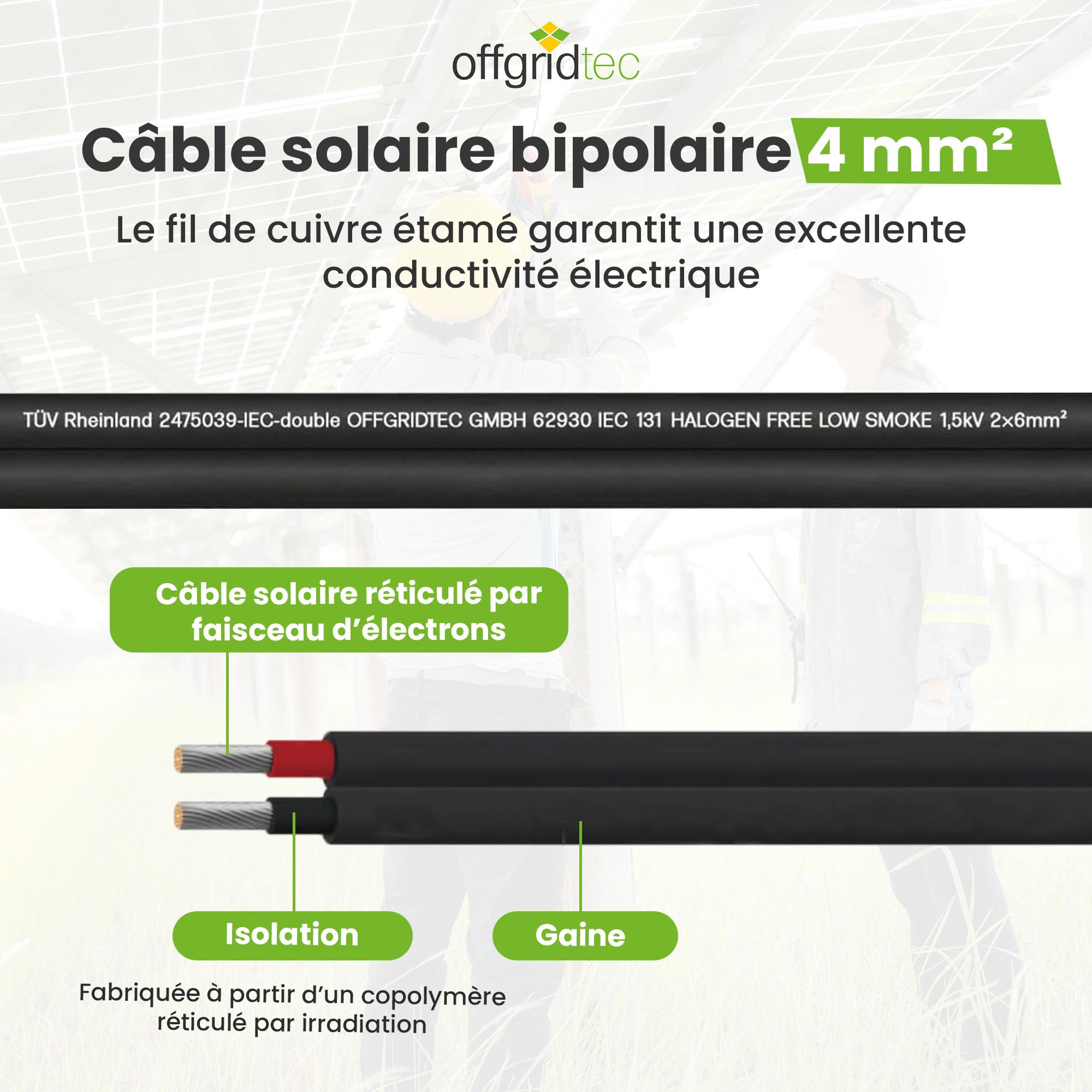 Offgridtec Câble solaire 2 x 4 mm², câble PV à deux fils pour installations solaires, design flexible et séparable, conducteur en cuivre étamé avec isolation XLPO, câble d'alimentation CC résistant à