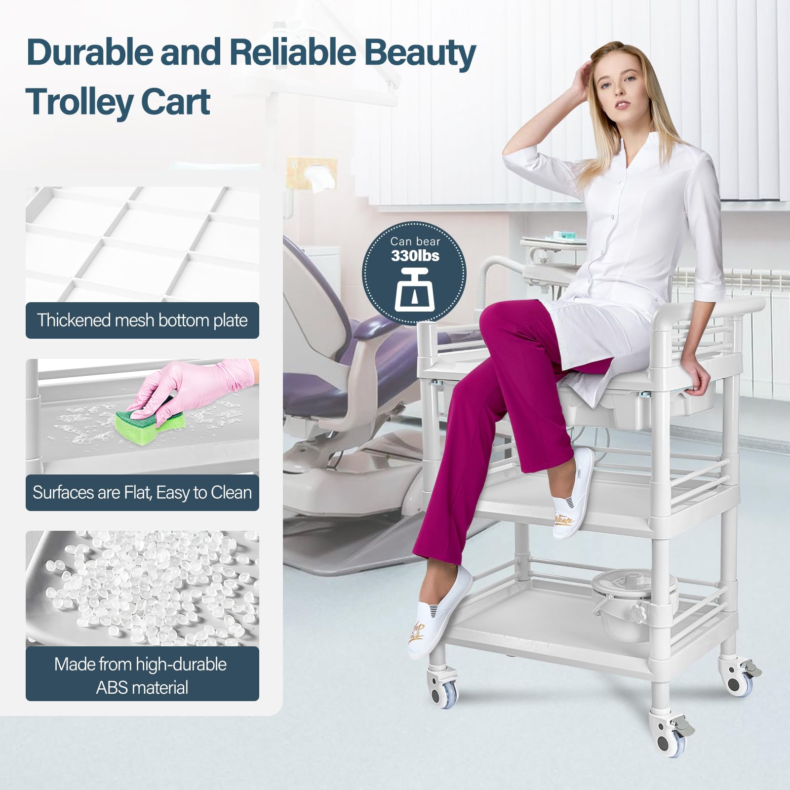 Amazon.com: Beauty Salon Trolley Cart, Esthetician Cart with Wheels &  Bucket and 2 Big Drawer, 3 Tier Heavy Duty SPA, Load 330lbs, 360° Rotate  Silent Wheels for Beauty Salon SPA Hospital Office