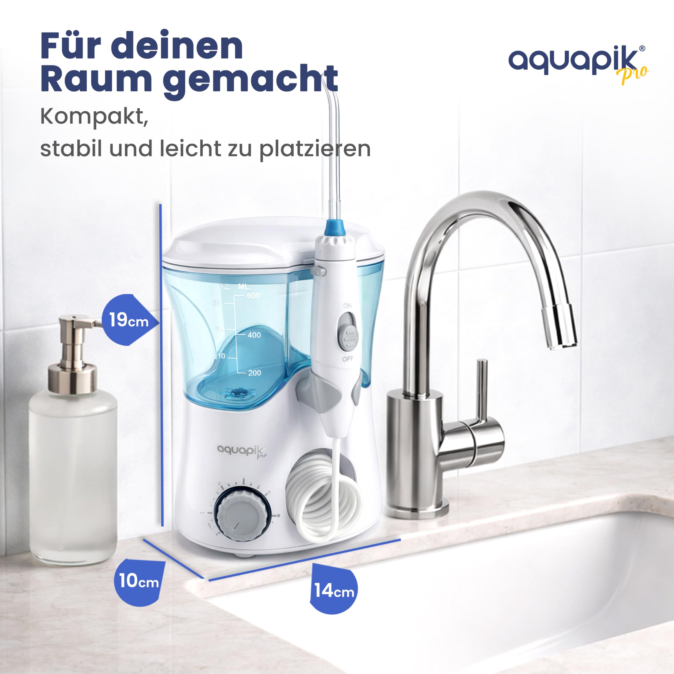Munddusche Aquapik PROfessionelle mit Precision Pulse Technologie - 10 Druckstufen und 8 Aufsätzen, für Zahnspangen, Implantate, empfindliches Zahnfleisch und die tägliche Mundpflege