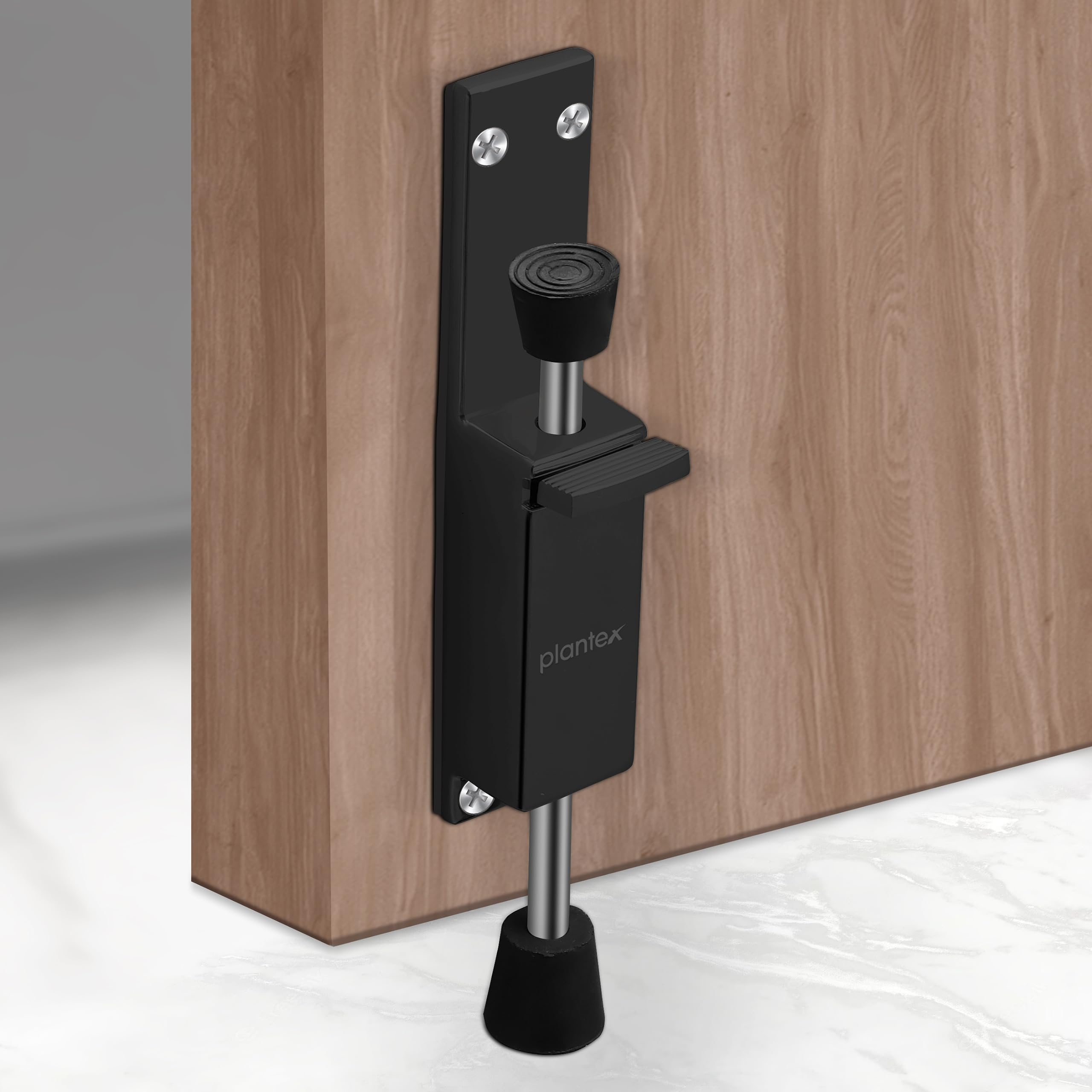 Kickdown Door Stopper Spring Loaded Telescopic Step On/Off Door Stopper Rubber, Adjustable Heavy Duty Door Locks Holder Stops/Release by Foot/Door Stop - Pack of 1 (Black)