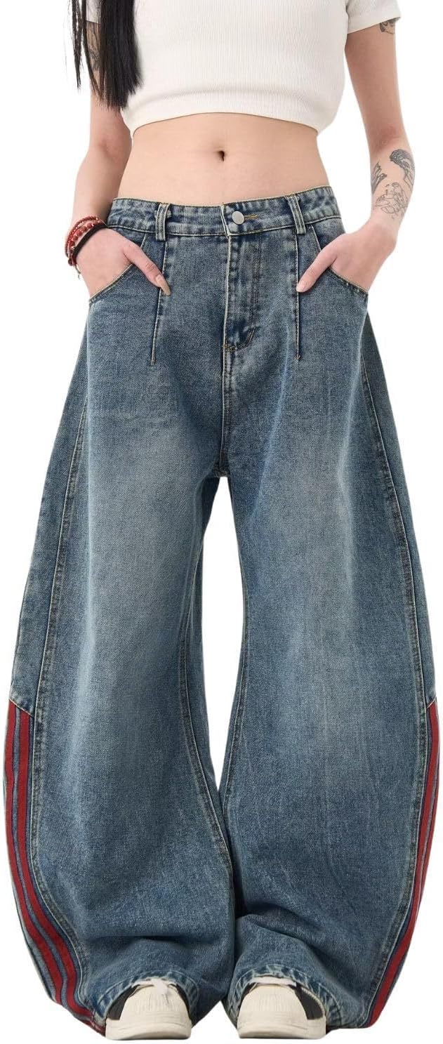 Baggy Jeans for Women Men Wide Leg Barrel Jeans Striped Loose Denim Pants Casual Sweatpants Vintage Clothes