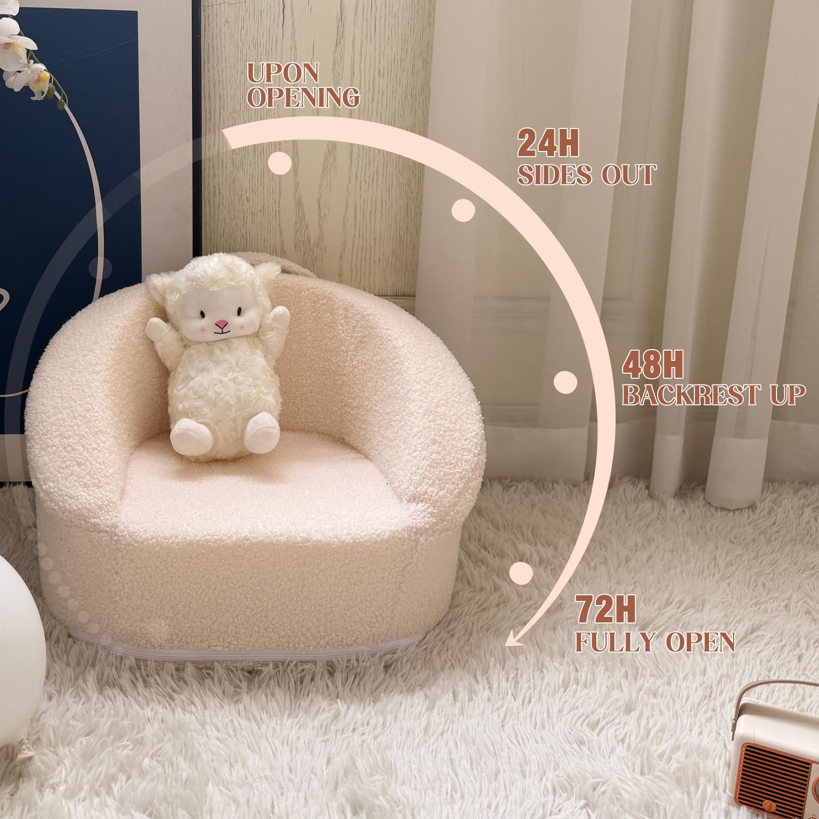 Mini sofá de peluche para niños, silla portátil compacta de 17.3 pulgadas con asa de transporte, funda lavable, diseño seguro y resistente, adecuada para niños y niñas, color blanco 9