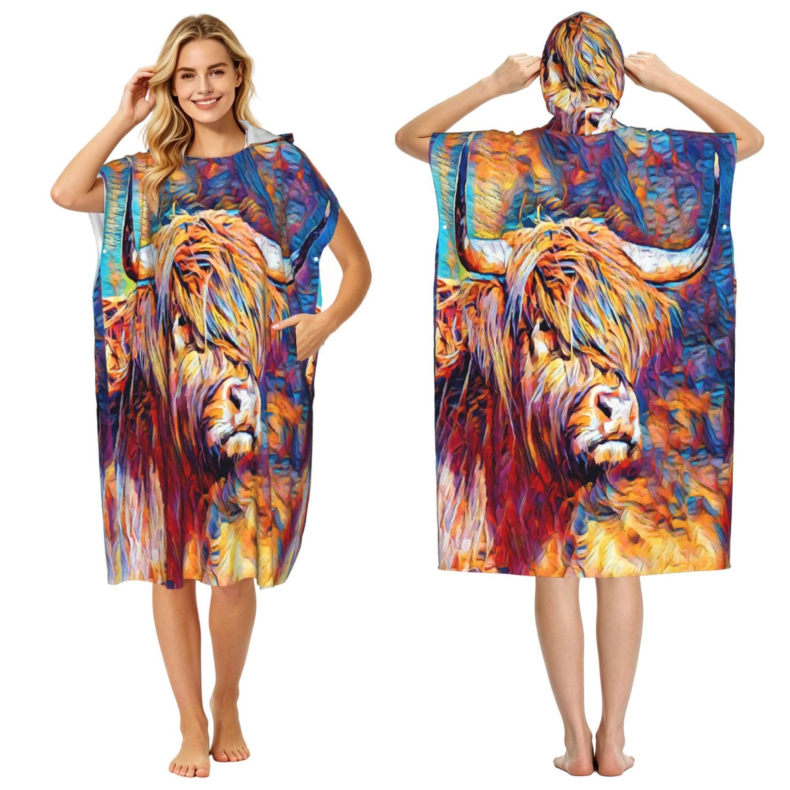 Poadnly Highland Cow Printed, Adult Hooded Beach Towel 90 x 110 cm,Changing Bath Robe, Surf Poncho Towel For Women Men