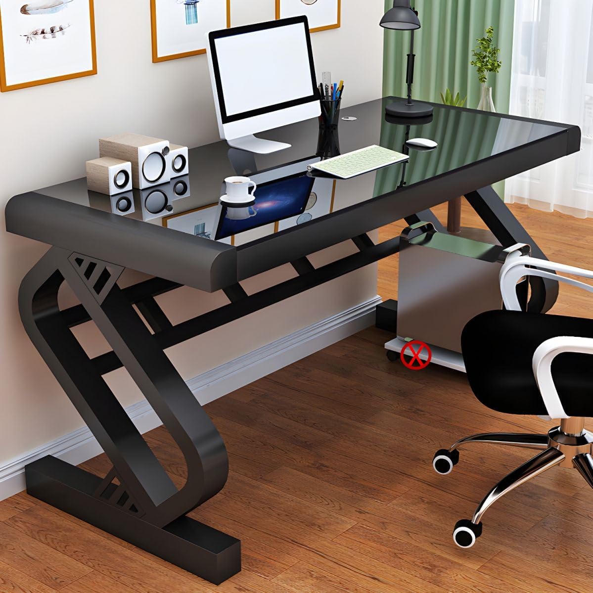 LAKIQ Contemporary Glass Home Office Computer Desk Rectangular Gaming Desk with Metal Legs Modern Computer Desktop Table - Without Chair (Black,31.5" L x 23.6" W x 29.5" H)