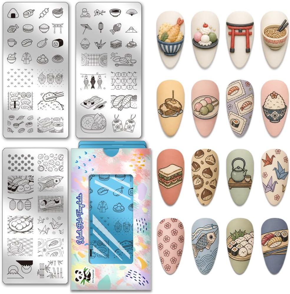 PH PandaHall 3pcs Japanese Food Nail Stamping Plates Sushi Nails Art Stencils Rice Balls Ramen Nail Art Templates Lanterns Cherry Blossoms Nails Image Plates for Women Home Manicures Salon Design