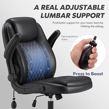 Ergonomic Office Chair with Adjustable Lumbar Support, PU Leather Computer Chair 136KG, Desk Chair for Home Office with Padded Flip-up Arm, Adjustable Height and Tilt Lock, Black