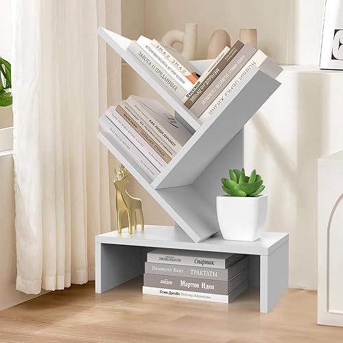 Miniatura 11 de Godferyxin Estantería de árbol, estantería pequeña de madera de 3 niveles y mini estantería para oficina, hogar o escuela, estante de escritorio
