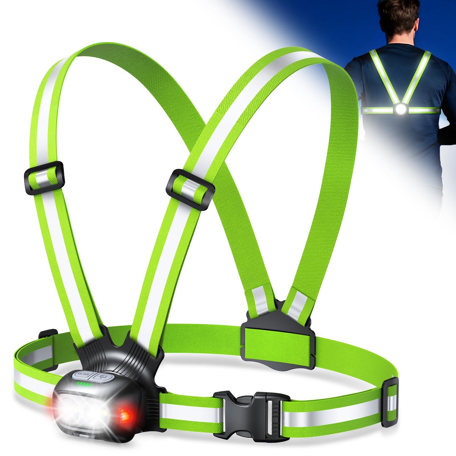 Mohard Lampe Running, 500LM Lampe Pectorale Running 1800mAh Rechargeable, 7 Modes & 45° Faisceau Réglable, Lumiere Course a Pied Étanche IPX4, Double Bandes Gilet Reflechissant pour Jogging Randonnée