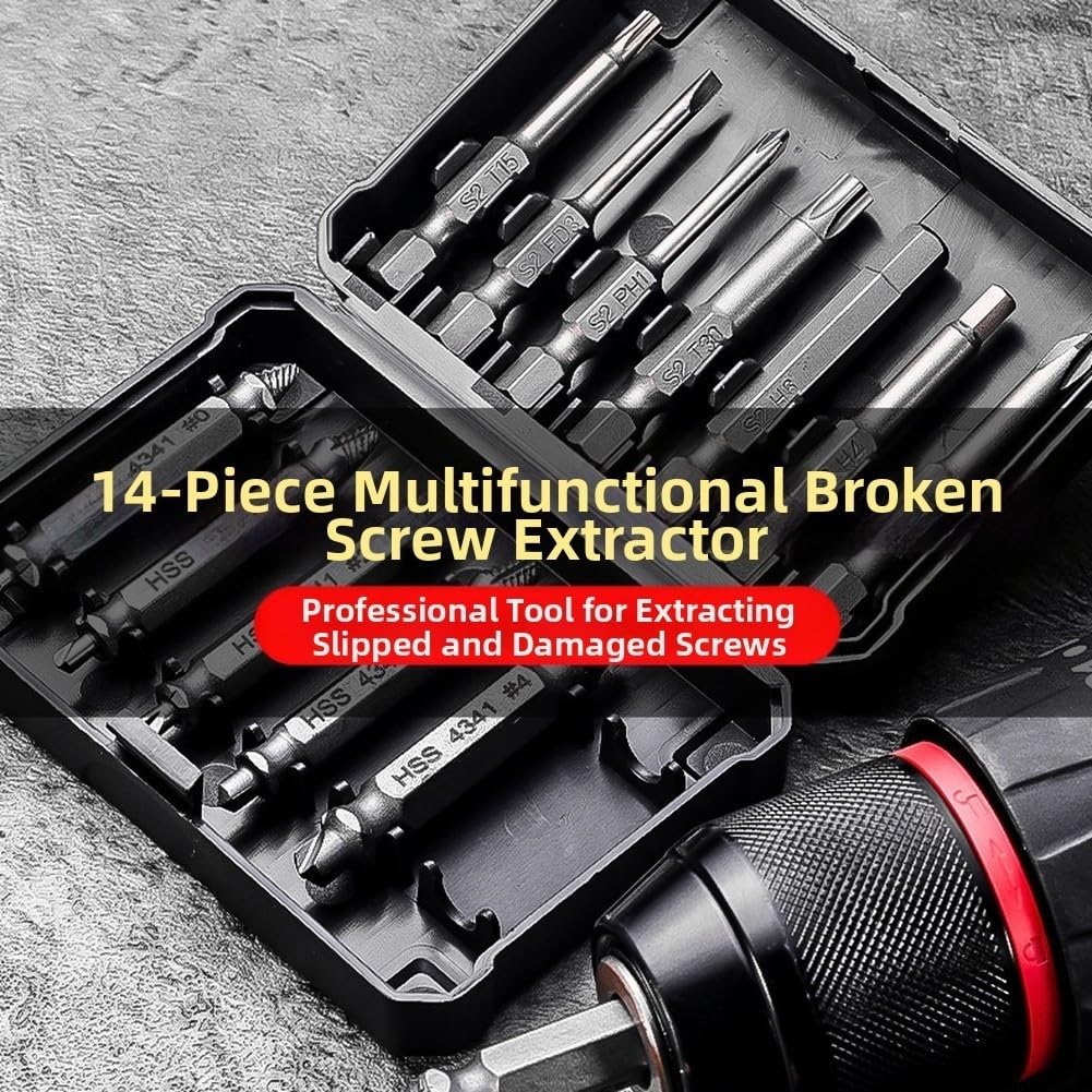 Juego de extractores de tornillos de 14 piezas, kit de extracción de pernos rotos HSS de 3 a 12 mm con brocas para tornillos dañados, herramienta de extracción profesional (14 + brocas)