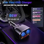 12V/24V Splitter Adapter, 2-Socket Cigarette Lighter Splitter with LED Voltmeter, 120W Car Charger USB C Fast Charger, 100° Adjustable Car Charger Splitter for iPhone Ipad GPS