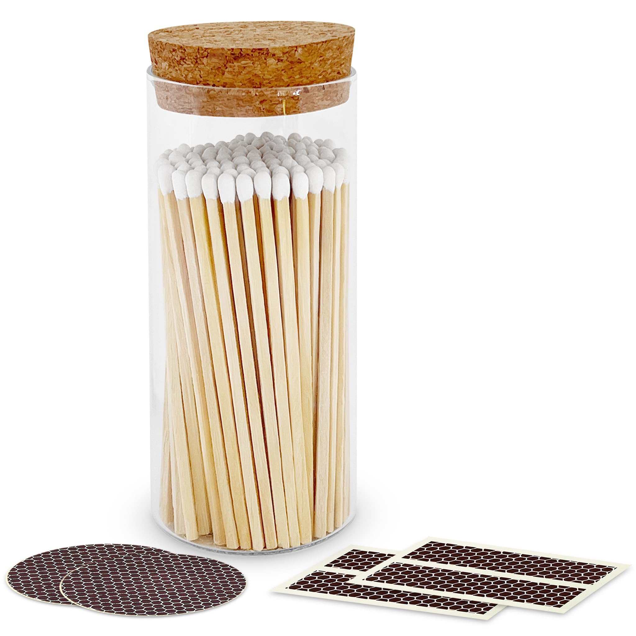 Decorative Matches in a Glass Jar | 4" White Tip Long Matches (100 Match Sticks) + Cork Top Glass Holder + Striker Stickers | Gifts, Décor, & Candle