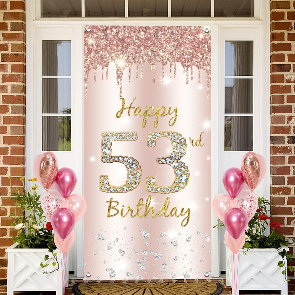 53. urodziny dekoracja damska, Happy 53rd Birthday Door Banner różowe złoto, 53. urodziny tkanina tabliczka plakat dekoracja drzwi, 53. urodziny tło baner damski, przyjęcie urodzinowe tabliczka