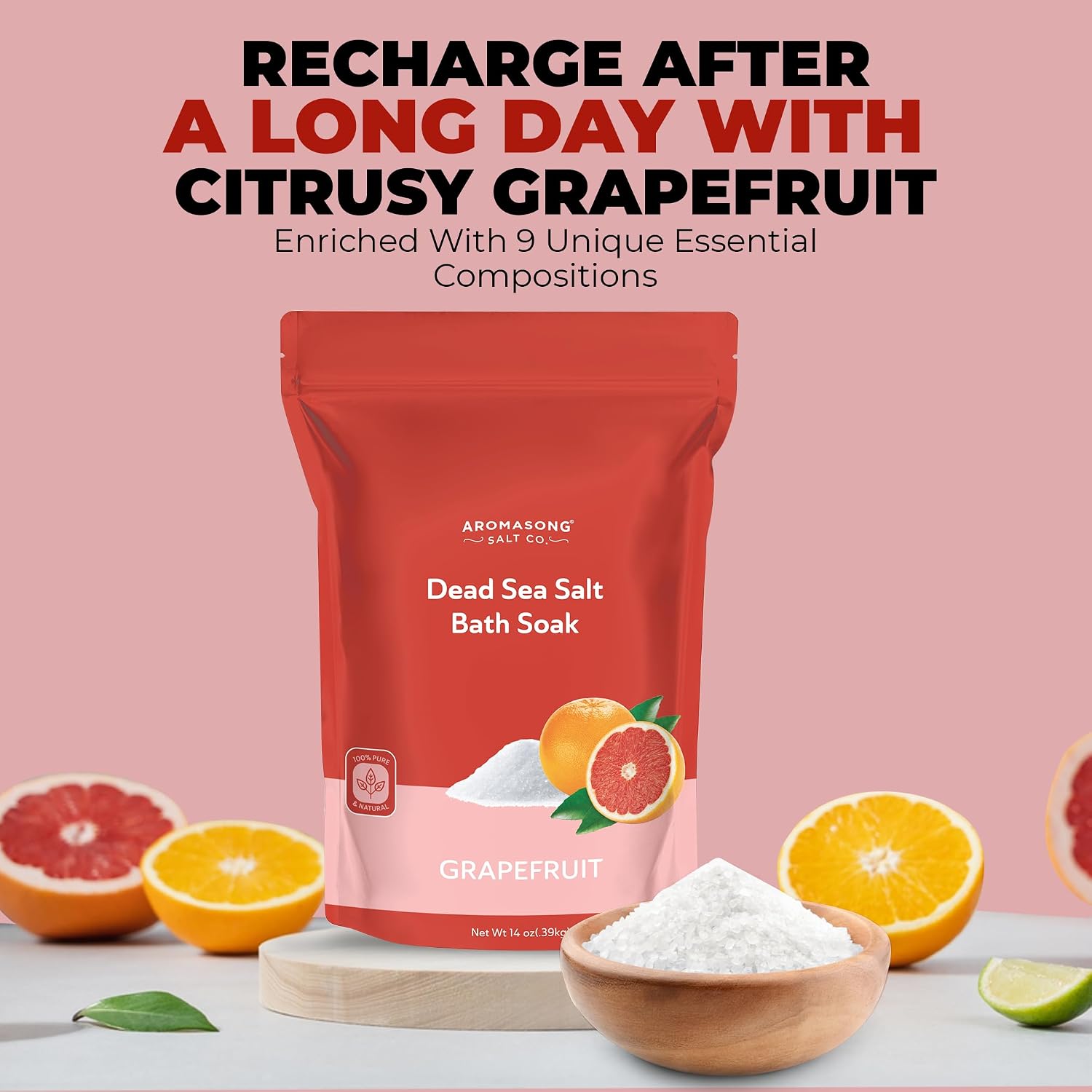 Aromasong Dead Sea Salt - Fine Grain Spa Salt Grapefruit Scent 14 Oz – 7 Uses Per Pack - Pure & Natural - Used for Body wash Scrub - Soak for Women & Men for Skin Issues and to Relax Tired Muscles