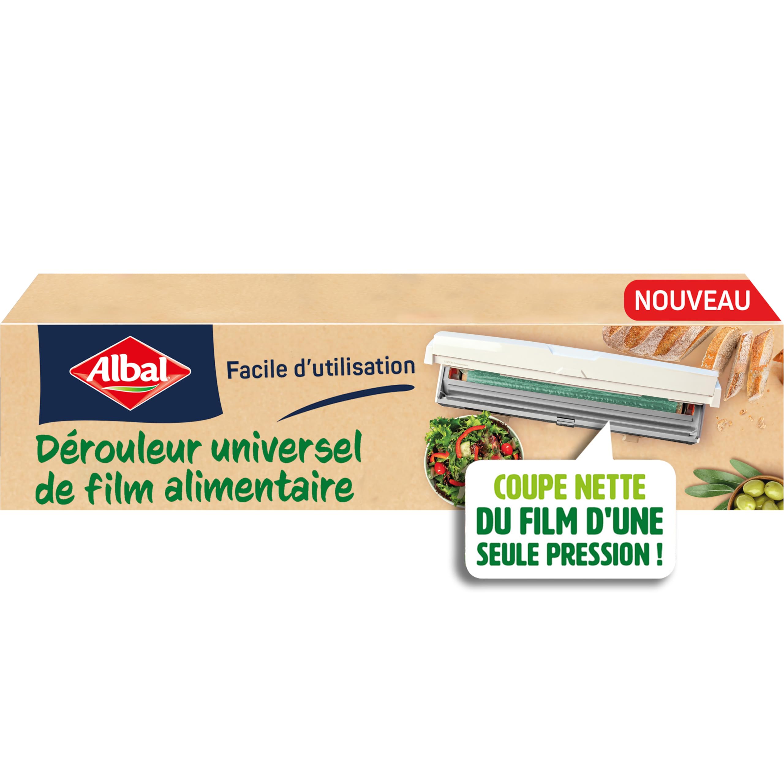 ALBAL Dérouleur Universel de film alimentaire (37 x 9cm), Dérouleur film étirable, aluminium et papier cuisson, pour une découpe nette d'une seule pression, Blanc