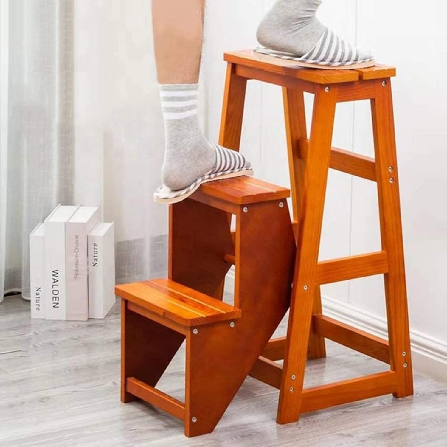 Home Furniture Wooden Folding Step Stool with Wide Platform Custom Wooden Step Ladder Folding Ladder Chair