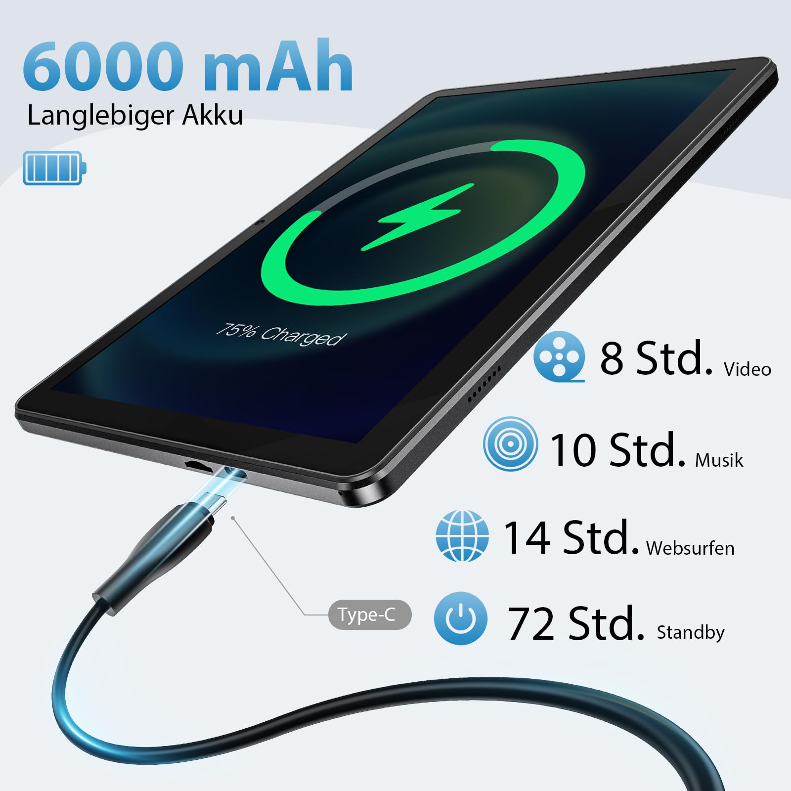 Tablet 10 Zoll, Android 15 Tablets mit Hülle, Unisoc T30 Quad-Core, 18 GB RAM + 128 GB ROM + 1 TB TF, 1280x800 HD IPS Display, 5MP + 8MP Duale Kamera, 6000 mAh, WiFi 6, BT 5.0, Widevine L1 (K50)
