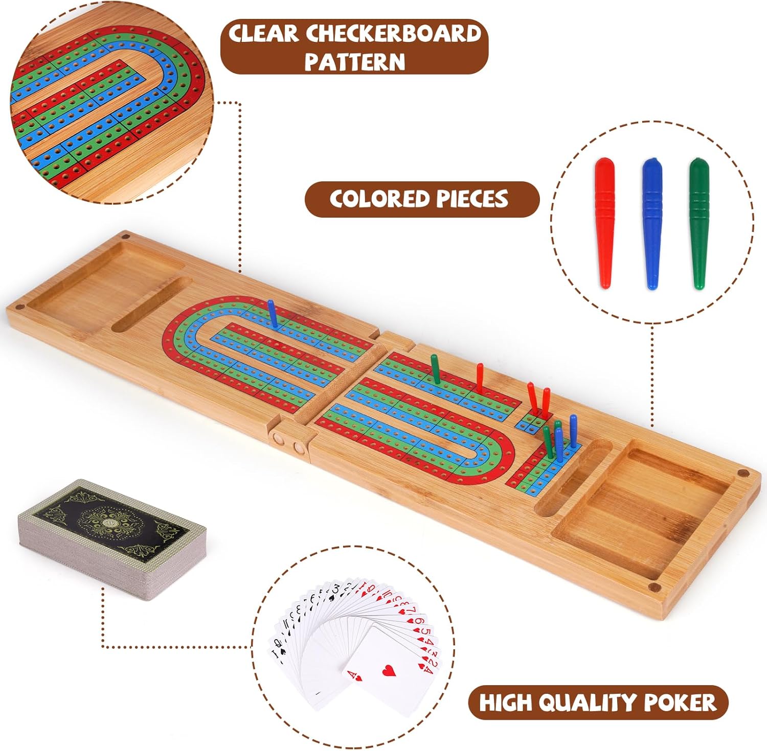 Wooden Cribbage Board Game Set, Foldable Bamboo Cribbage Board with Storage for Pegs & Cards, 3-Track Travel Cribbage Game for 2–3 Players, Classic Card Game Gift for Adults & Seniors