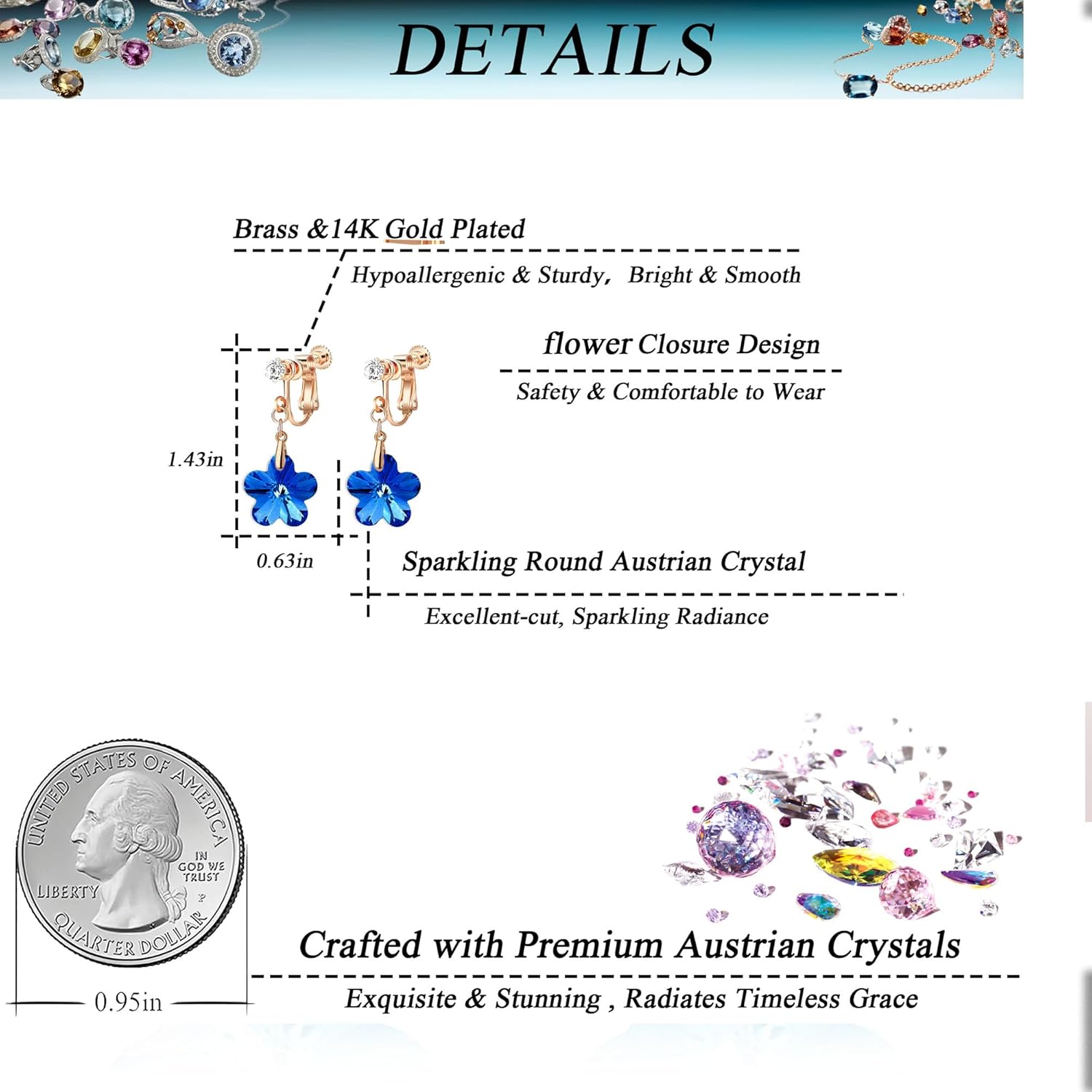 Austrian Crystal Flower Drop Clip On Earrings for Women Non Pierced 14K Rose Gold Plated Hypoallergenic Dangle Earring Jewelry - Image 5